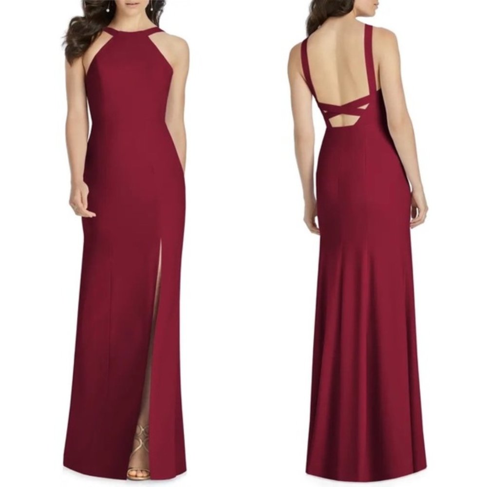 Dessy Cabarnet Cutaway Shoulder Crepe Column Gown